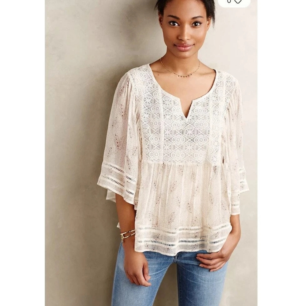 Meadow Rue by Anthropologie Aeris Silk Lace Peasant Blouse